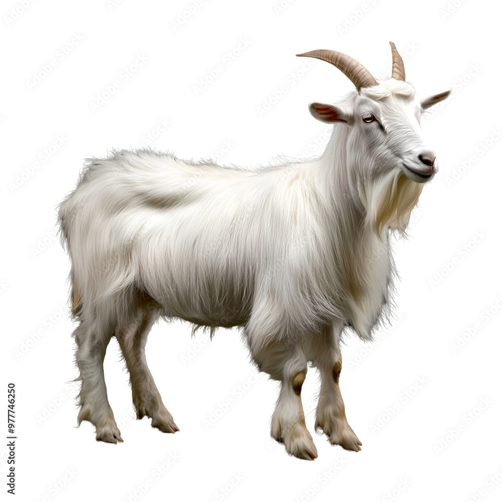 White Long-Haired Goat with Curved Horns Standing on White Background Showcasing Fluffy Coat, Cutout, Isolated on White Background White Long-Haired Goat with Curved Horns Standing on White Background Showcasing Fluffy Coat, Cutout, Isolated on White Background