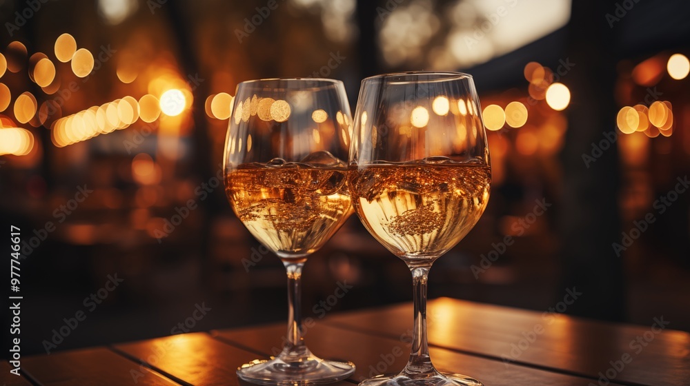 Two hands with glasses of champagne wine clink against blurred golden lights. Two hands with glasses of champagne wine clink against blurred golden lights.