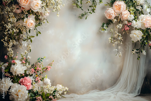 Maternity backdrop, wedding backdrop, photography background with delicate flowers and vintage wall.