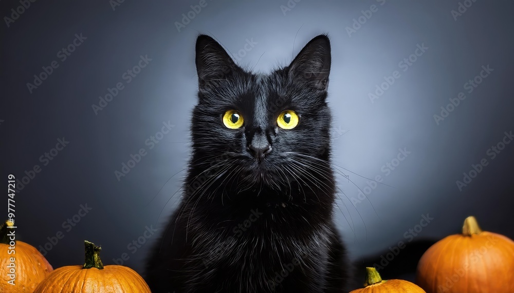 Black cat stares at pumpkins Black cat stares at pumpkins