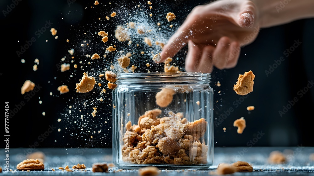 Hand Smashing a Cookie Jar: A hand smashing a glass cookie jar, with cookies and pieces scattering.
Hand Smashing a Cookie Jar: A hand smashing a glass cookie jar, with cookies and pieces scattering.