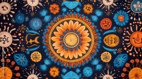 Abstract depiction of zodiac signs in a mandala pattern, intricate and spiritual design