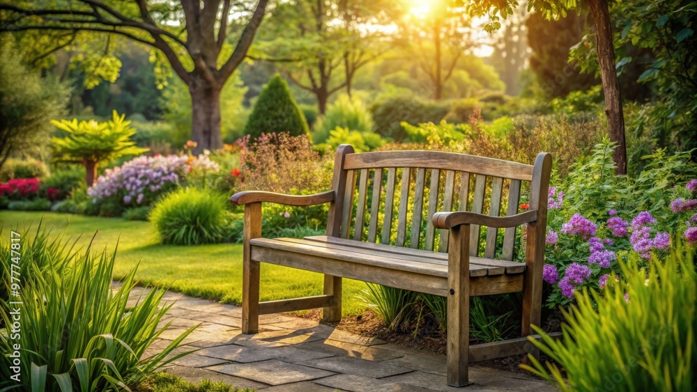 A rustic wooden bench in a peaceful garden setting A rustic wooden bench in a peaceful garden setting