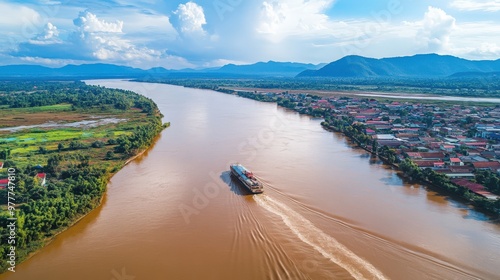 Golden Triangle: Aerial View of Muddy Mekong River and Boats in Border Landscape photo