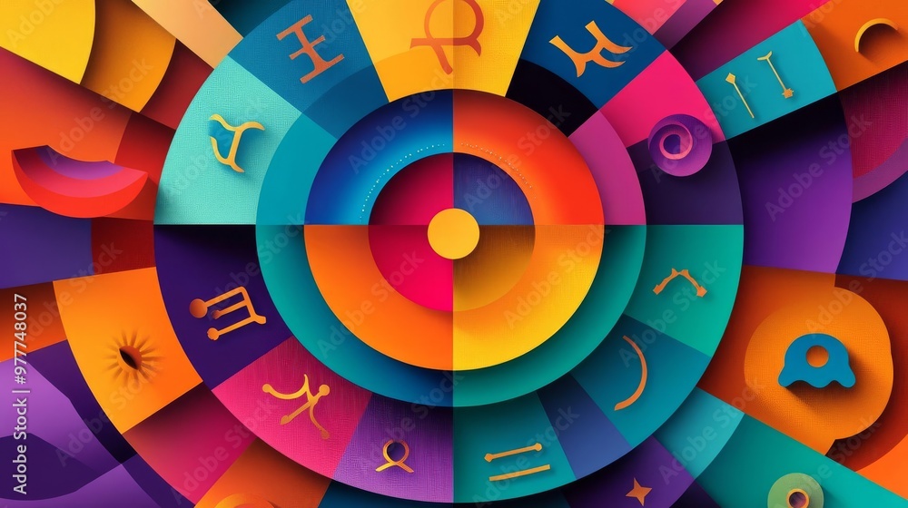 Abstract representation of the zodiac wheel with unique patterns and textures, vibrant and modern style Abstract representation of the zodiac wheel with unique patterns and textures, vibrant and modern style