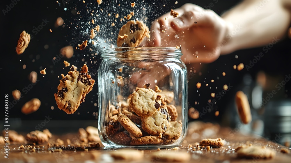Hand Smashing a Cookie Jar: A hand smashing a glass cookie jar, with cookies and pieces scattering.
Hand Smashing a Cookie Jar: A hand smashing a glass cookie jar, with cookies and pieces scattering.