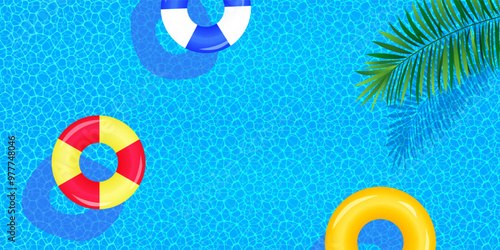 Swimming pool top view vector illustration. Summer background with swim rings, float, water texture and tropical palms leaves. travel and vacation backdrop for spa, aqua center design and wallpaper