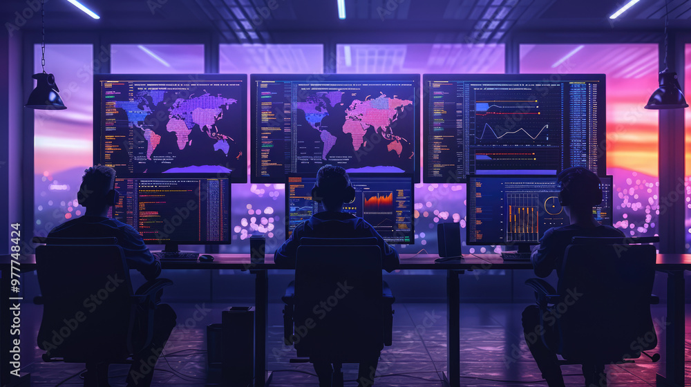 A team of developers working on AI algorithms, with computer screens displaying code and data visualizations A team of developers working on AI algorithms, with computer screens displaying code and data visualizations