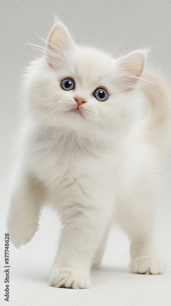 A playful Persian kitten exploring a serene environment with a light solid color backdrop, highlighting its curious expression A playful Persian kitten exploring a serene environment with a light solid color backdrop, highlighting its curious expression