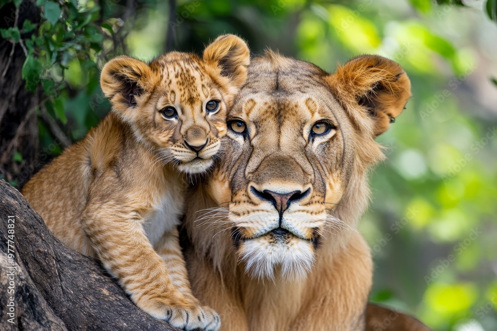 Kenya lion cub nuzzling its mother, sharing a moment of tenderness amidst the wild surroundings Kenya lion cub nuzzling its mother, sharing a moment of tenderness amidst the wild surroundings