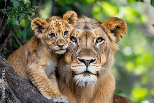 Kenya lion cub nuzzling its mother, sharing a moment of tenderness amidst the wild surroundings photo