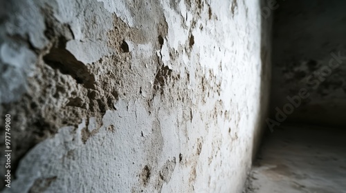 A close-up shot of a weathered wall with noticeable peeling paint, highlighting texture and history, possibly evoking a sense of decay or abandonment. photo