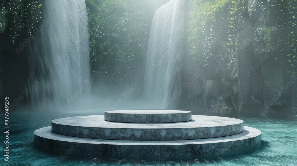 A tranquil stone platform stands before cascading waterfalls in a lush, misty forest setting, exuding serenity and natural beauty. A tranquil stone platform stands before cascading waterfalls in a lush, misty forest setting, exuding serenity and natural beauty.