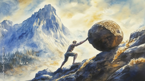 watercolor illustration of Sisyphus rolling enormous boulder rock up hill