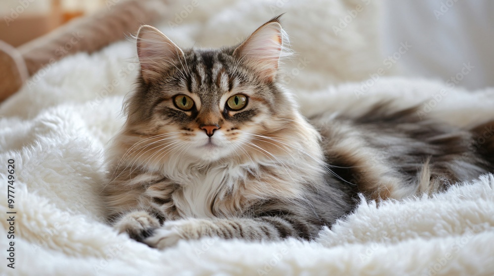 A fluffy ragamuffin cat lounging on a soft white blanket, showcasing its vibrant fur texture and expressive eyes A fluffy ragamuffin cat lounging on a soft white blanket, showcasing its vibrant fur texture and expressive eyes
