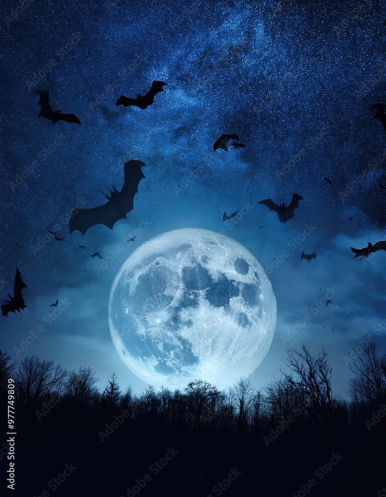 Bats fly under a full moon. Bats fly under a full moon.