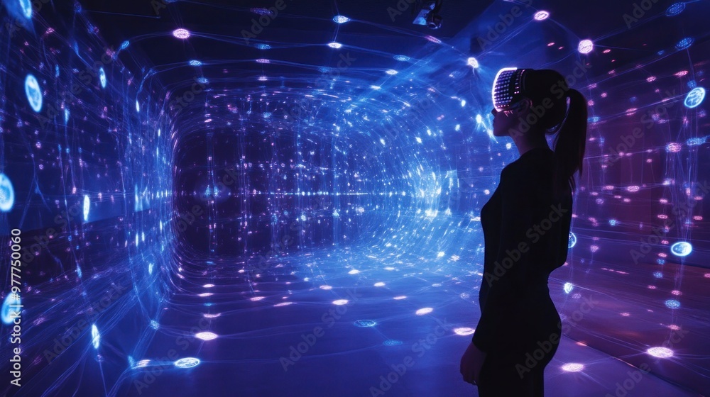 A Person Wearing a VR Headset Stands in a Room with a Purple and Blue Light Display A Person Wearing a VR Headset Stands in a Room with a Purple and Blue Light Display
