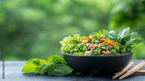 Traditional Thai larb, Isaan minced meat, spicy salad. photo