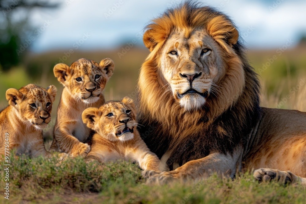 Kenya lion pride lounging together in the Kenyan savannah, with cubs playfully wrestling nearby Kenya lion pride lounging together in the Kenyan savannah, with cubs playfully wrestling nearby