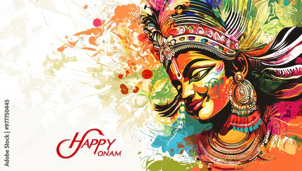 Vector illustration of the happy Onam festival with a Kathakali mask in an abstract background with the text Vector illustration of the happy Onam festival with a Kathakali mask in an abstract background with the text