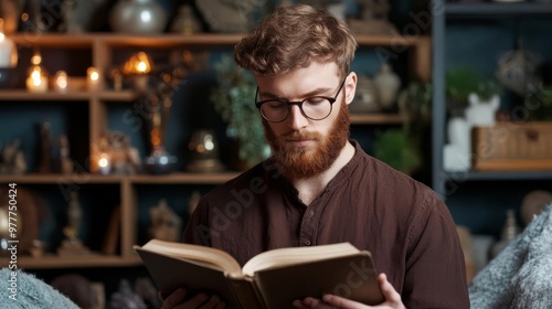 Astrology enthusiast reading horoscope in a cozy room filled with mystical artifacts, warm and inviting feel