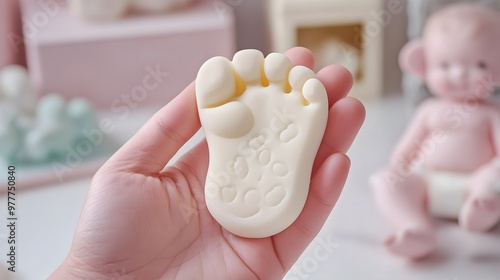 Hand Holding a Baby’s Footprint Mold: A hand holding a baby’s footprint mold, with soft, pastel colors and baby items in the background. 
 photo