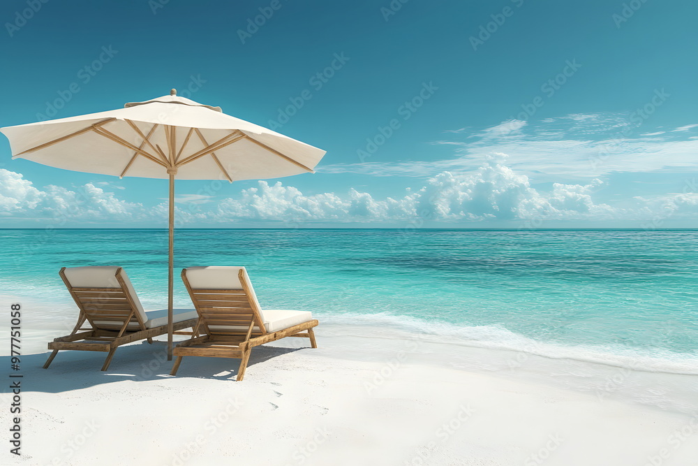 Obraz premium Chairs with comfortable cushions and a large white beach umbrella casting soft shadows on fine white sand. The clear turquoise water gently touches the shore, giving a sense of peace and relaxation.