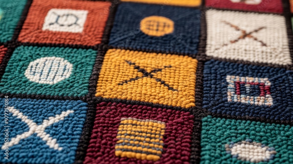 Astrology symbols woven into a colorful textile, cultural and traditional craftsmanship Astrology symbols woven into a colorful textile, cultural and traditional craftsmanship