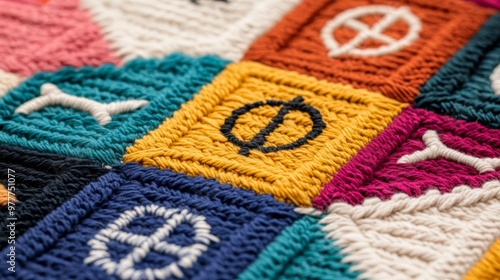 Astrology symbols woven into a colorful textile, cultural and traditional craftsmanship