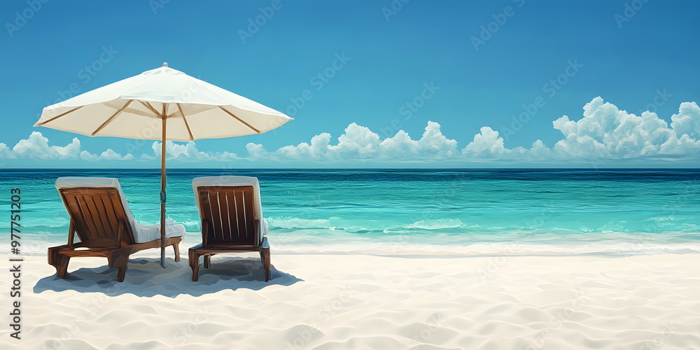 Fototapeta premium Chairs with comfortable cushions and a large white beach umbrella casting soft shadows on fine white sand. The clear turquoise water gently touches the shore, giving a sense of peace and relaxation.