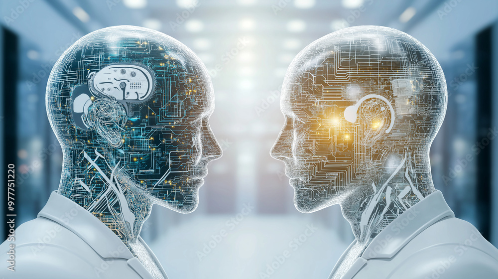 Obraz premium Two humanoid robots facing each other in a futuristic AI data center