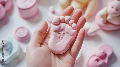 Hand Holding a Baby’s Footprint Mold: A hand holding a baby’s footprint mold, with soft, pastel colors and baby items in the background. 
 photo