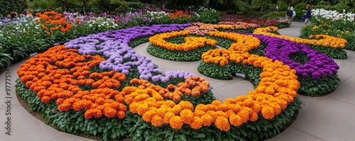 Celestial garden with flowers arranged in zodiac patterns, blending botany and astrology, serene ambiance