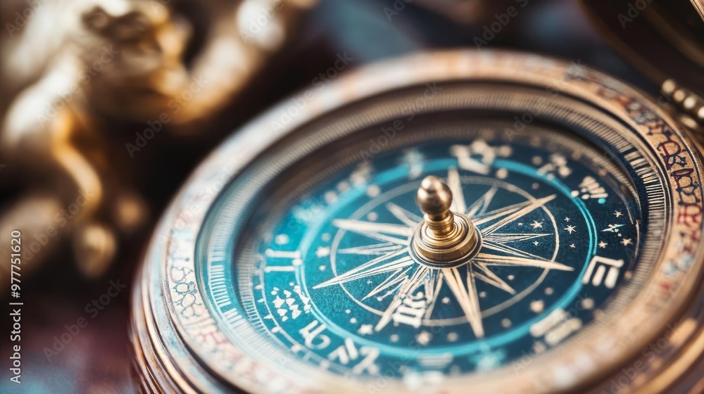 Close-up of a celestial compass with zodiac markings, detailed and precise craftsmanship Close-up of a celestial compass with zodiac markings, detailed and precise craftsmanship