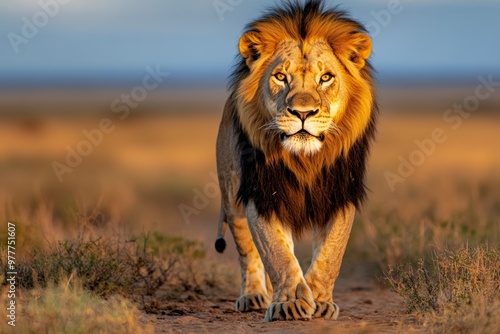 Kenya lion stalking its prey in the open plains, preparing for a hunt during the golden hour