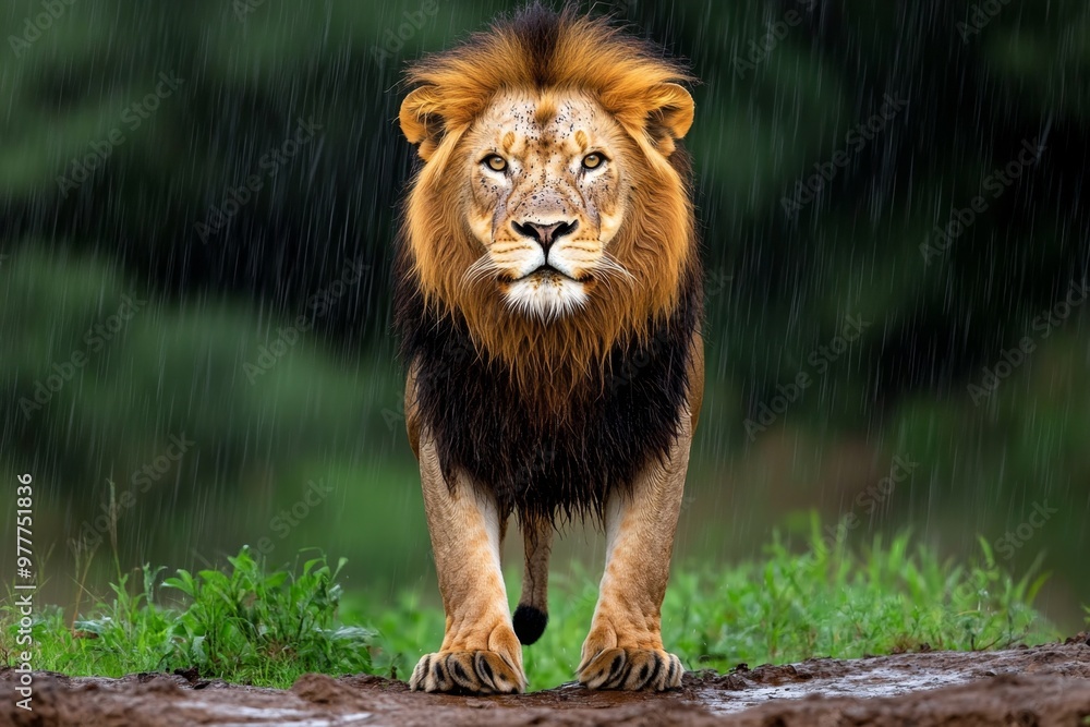 Kenya lion standing in the rain, its mane soaked but its stance unwavering, representing the untamed beauty of the wild Kenya lion standing in the rain, its mane soaked but its stance unwavering, representing the untamed beauty of the wild