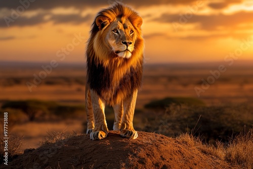 Kenya lion standing majestically on a hill, overlooking the vast savannah at sunrise
