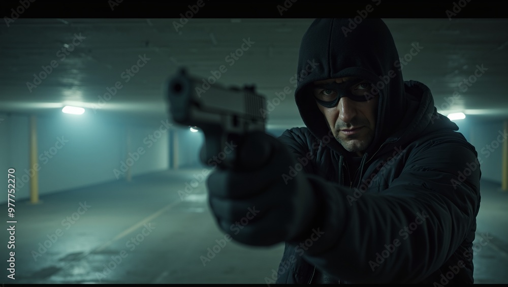 Mysterious robber in dimly lit parking garage gripping gun with menacing glare Mysterious robber in dimly lit parking garage gripping gun with menacing glare