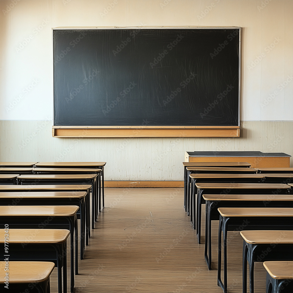 Empty classroom with a blackboard and desks Empty classroom with a blackboard and desks