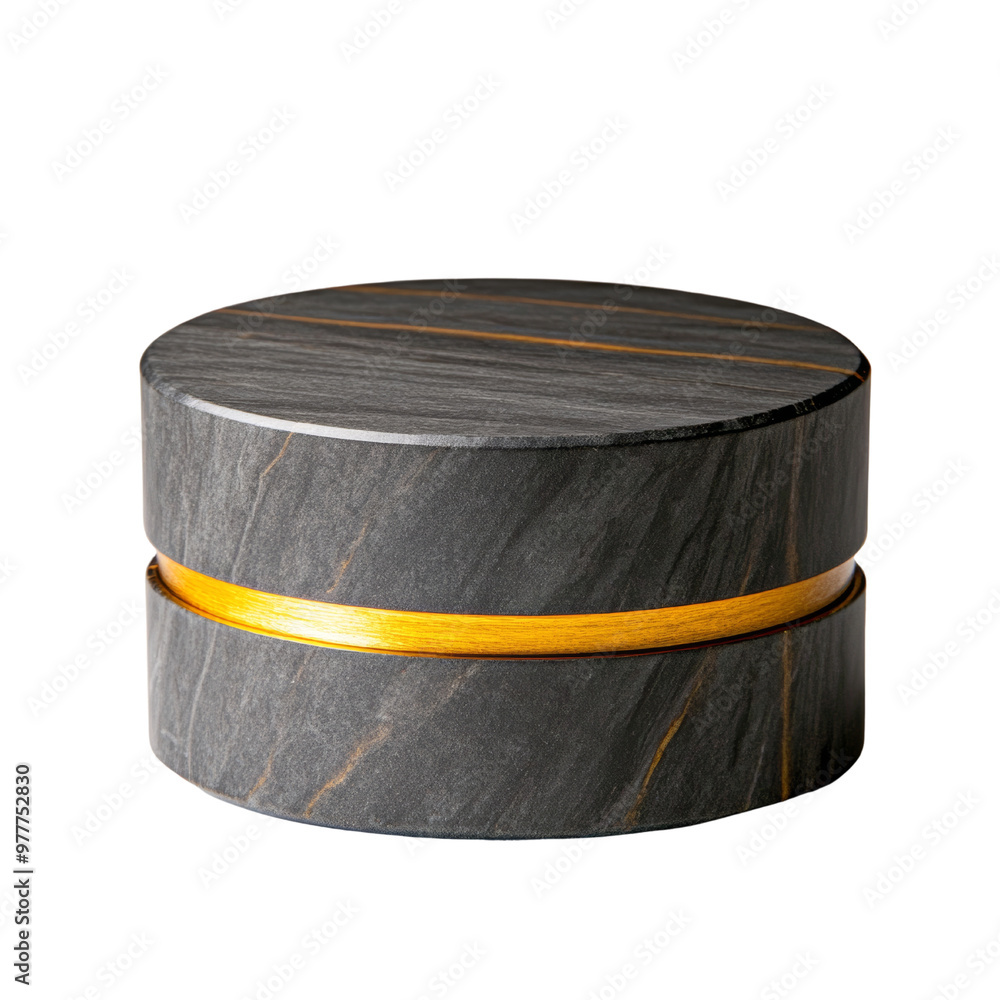 Black marble and brass circular box, minimalist product design, Isolated PNG with Transparent Background Black marble and brass circular box, minimalist product design, Isolated PNG with Transparent Background