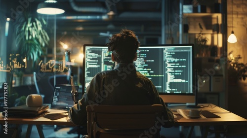 In the foreground the hands of a man who is sitting at a desk, in front the screen of a laptop lying on the desk.