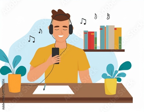 Illustration of young man listening to music through headphones on a mobile phone