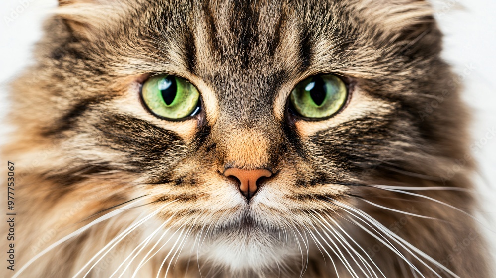 A close-up portrait of a Siberian cat with bright green eyes, capturing the intricate details of its fur and whiskers against a light solid color background A close-up portrait of a Siberian cat with bright green eyes, capturing the intricate details of its fur and whiskers against a light solid color background
