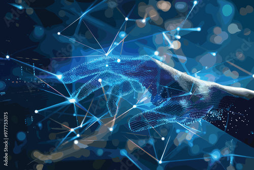 Hands of robot and human touching on data networking connecting in virtual interface on future, Science and innovation, Futuristic Artificial intelligence