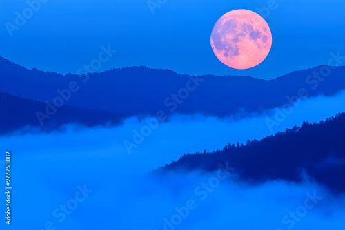 Night landscape with super moon, mountains and trees. Background with mountains, fog and moonlight.	
 photo