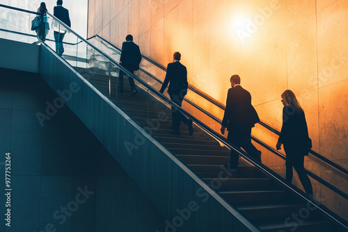 Business professionals ascend an elegant staircase in a modern office, symbolizing ambition and teamwork during the early morning hours photo