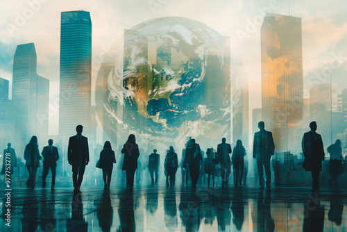 Silhouettes of diverse business professionals unite against a backdrop of skyscrapers and a glowing globe during dusk