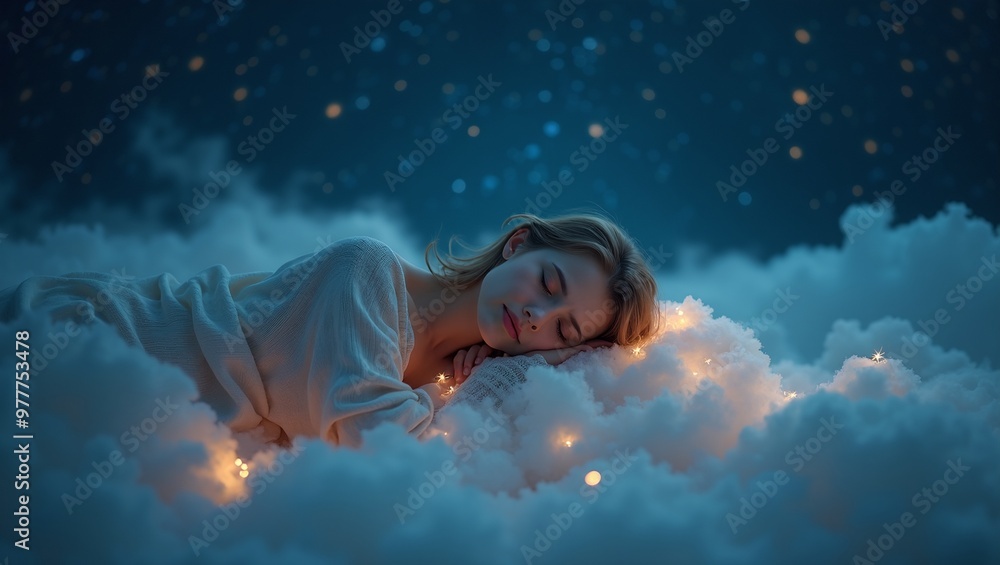 Tranquil woman sleeping on glowing cloud under starry night sky Tranquil woman sleeping on glowing cloud under starry night sky