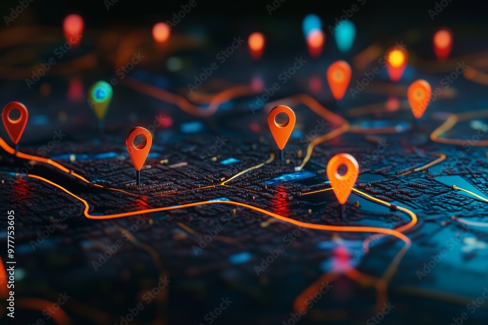Abstract map with location pins on dark background for urban travel and real estate search engine Abstract map with location pins on dark background for urban travel and real estate search engine