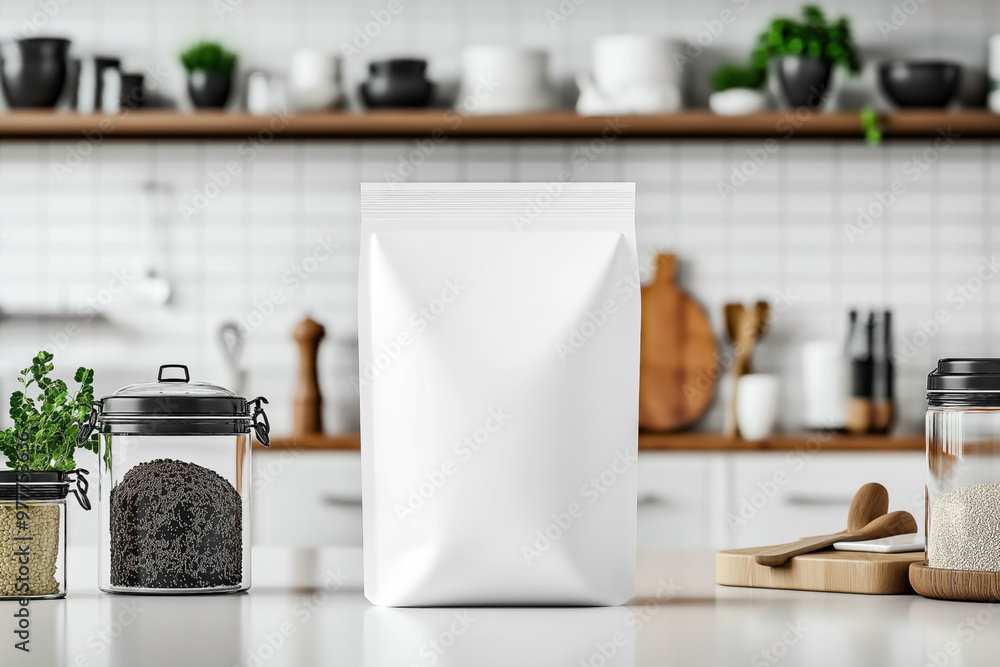 This image features a blank white stand-up pouch mockup placed on a kitchen counter. The background includes jars of ingredients, wooden kitchen tools, and plants.